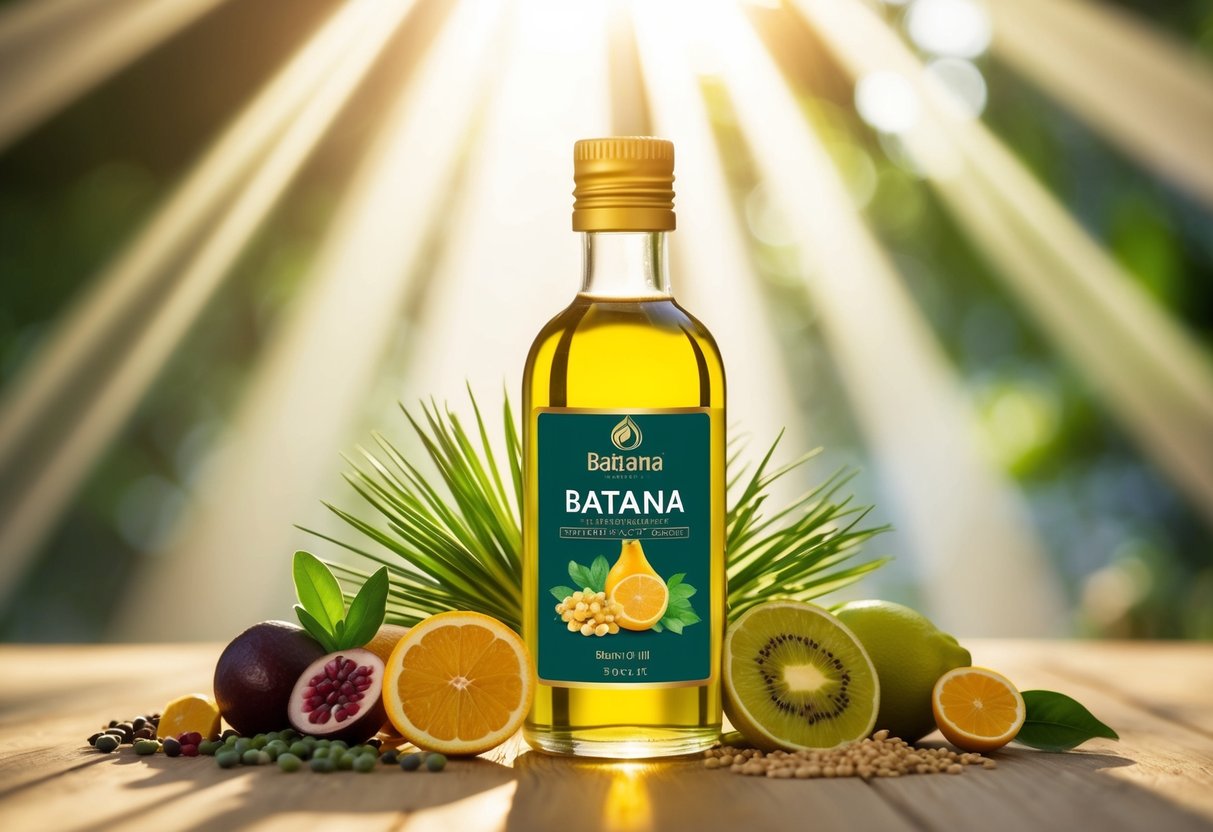 A bottle of batana oil surrounded by various plant and fruit extracts, with rays of sunlight shining down on it