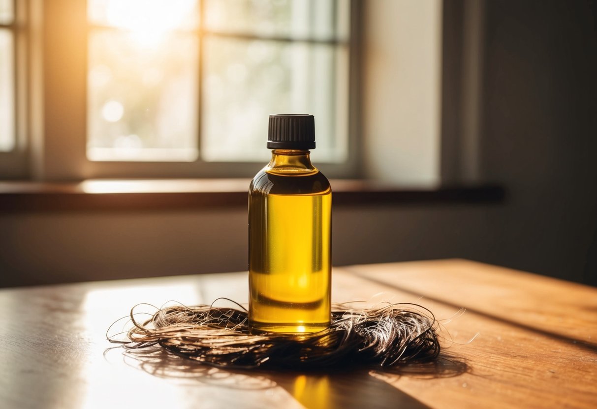 A bottle of batana oil sits on a wooden table, surrounded by a few loose strands of hair. Sunlight filters through a window, casting a warm glow on the scene