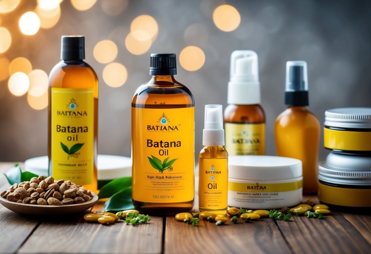 A bottle of batana oil surrounded by various hair care products on a wooden table