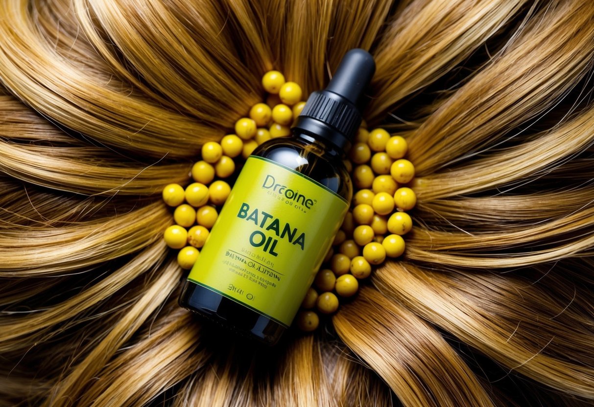 A bottle of batana oil surrounded by vibrant, healthy-looking strands of hair, with a few strands showing signs of hair loss