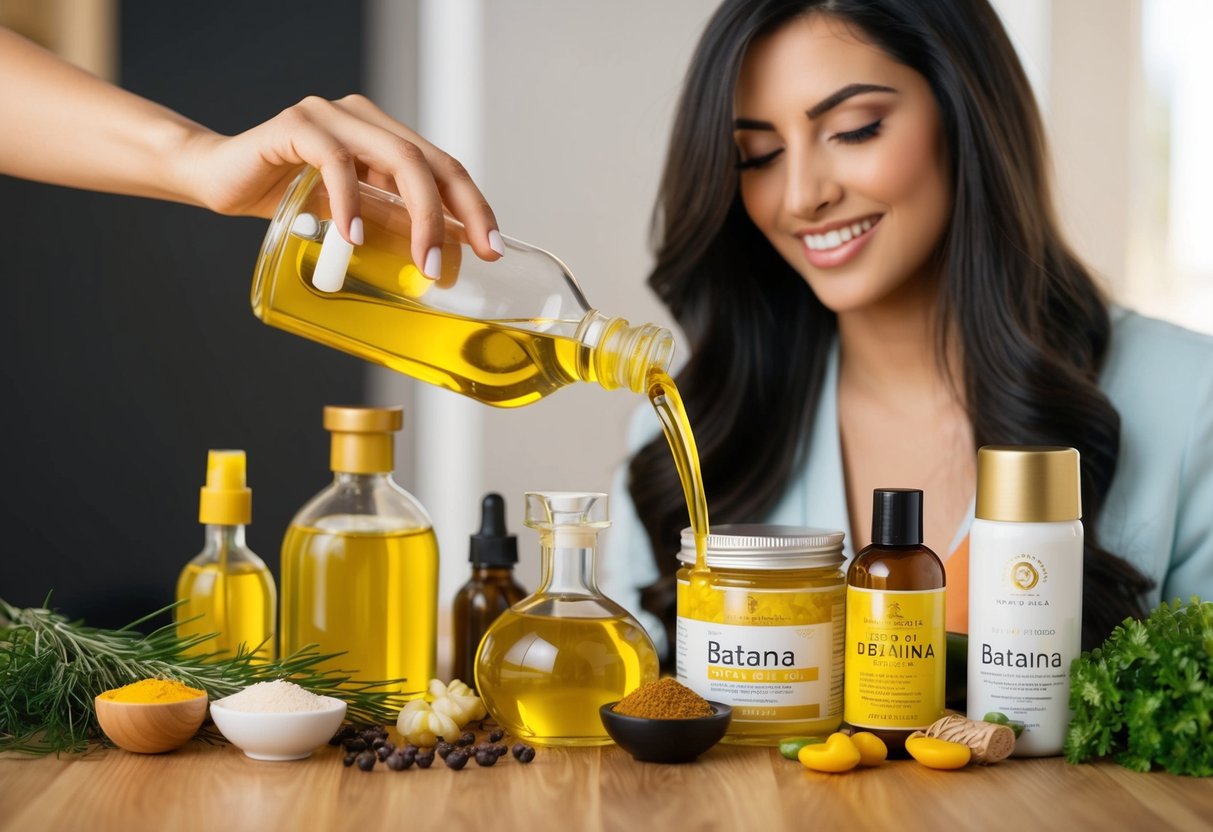 A woman pouring batana oil onto her hair, surrounded by various hair care products and natural ingredients