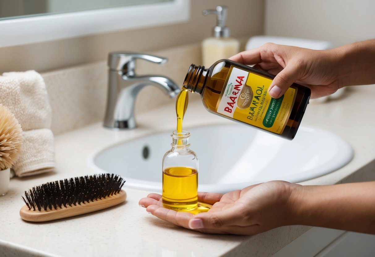 A bottle of batana oil sits on a bathroom counter, next to a hairbrush and a towel. The oil is being poured onto the palm of a hand