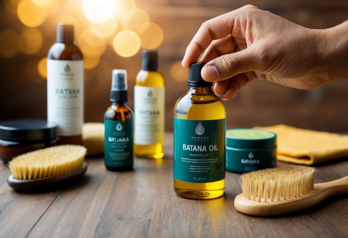 A hand reaches for a bottle of Batana oil on a wooden table, surrounded by hair care products and a brush