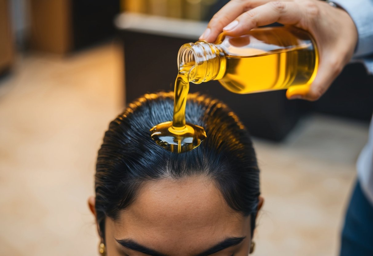 A person pouring batana oil onto their hair from a bottle