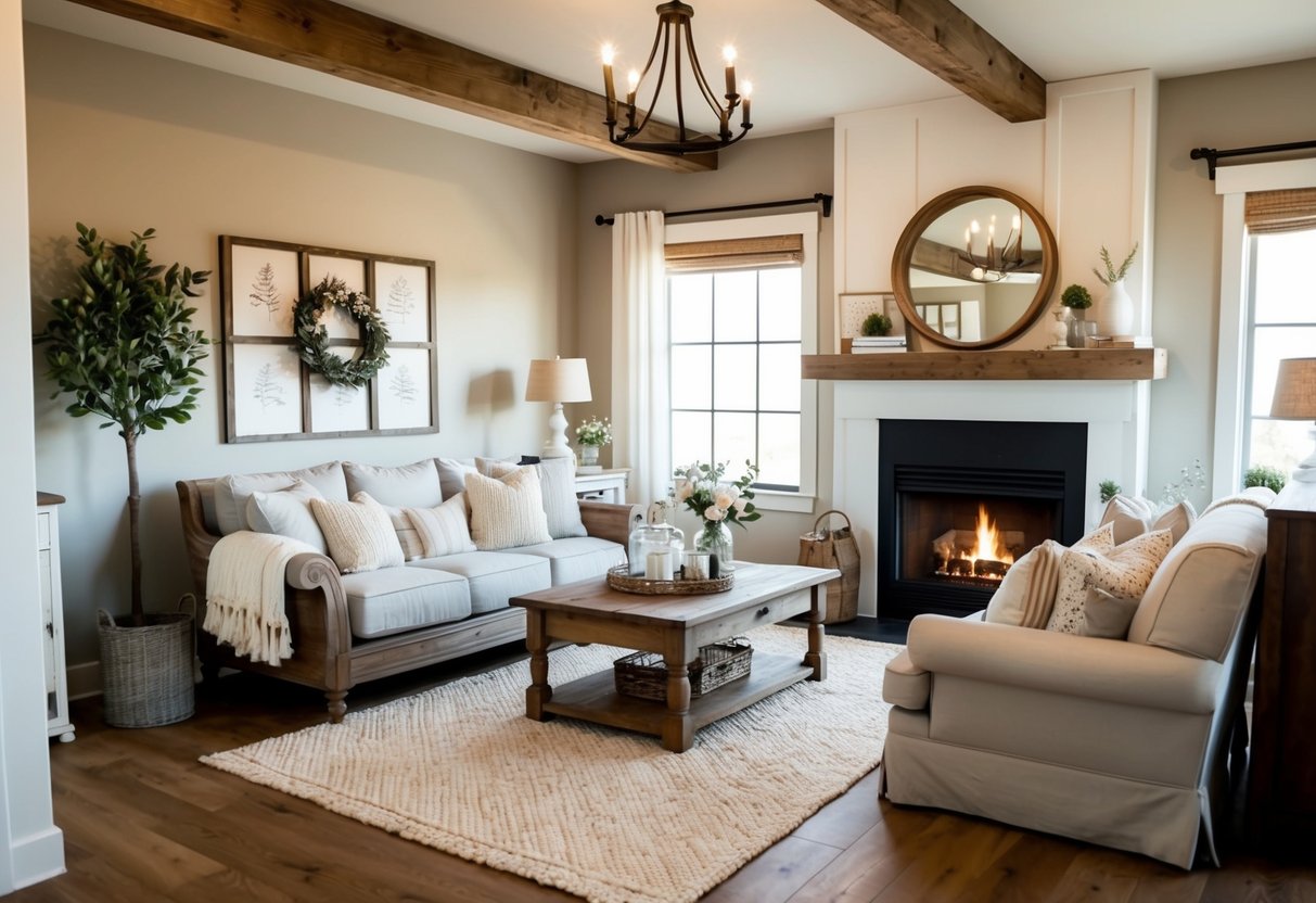 A cozy farmhouse living room with rustic wooden furniture, soft neutral colors, vintage decor, and a fireplace