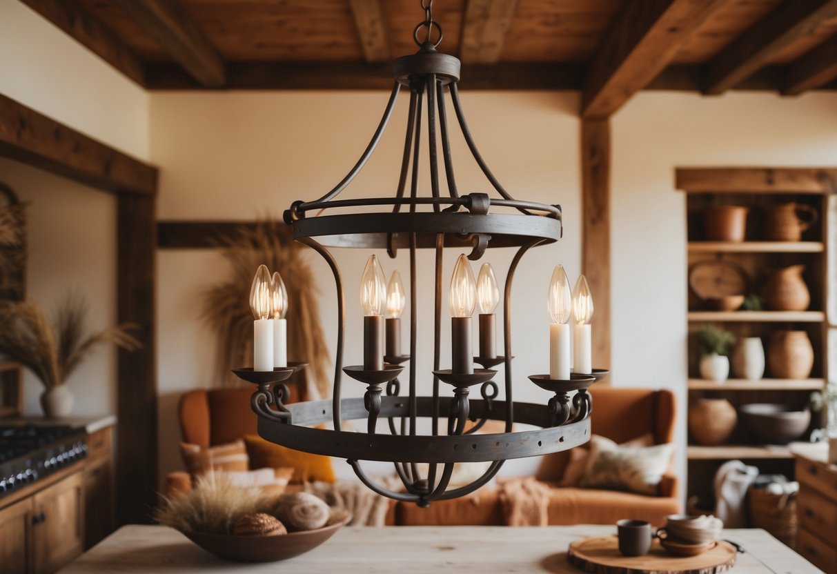 A cozy farmhouse interior with a rustic iron chandelier as the focal point, surrounded by warm, earthy decor and natural textures