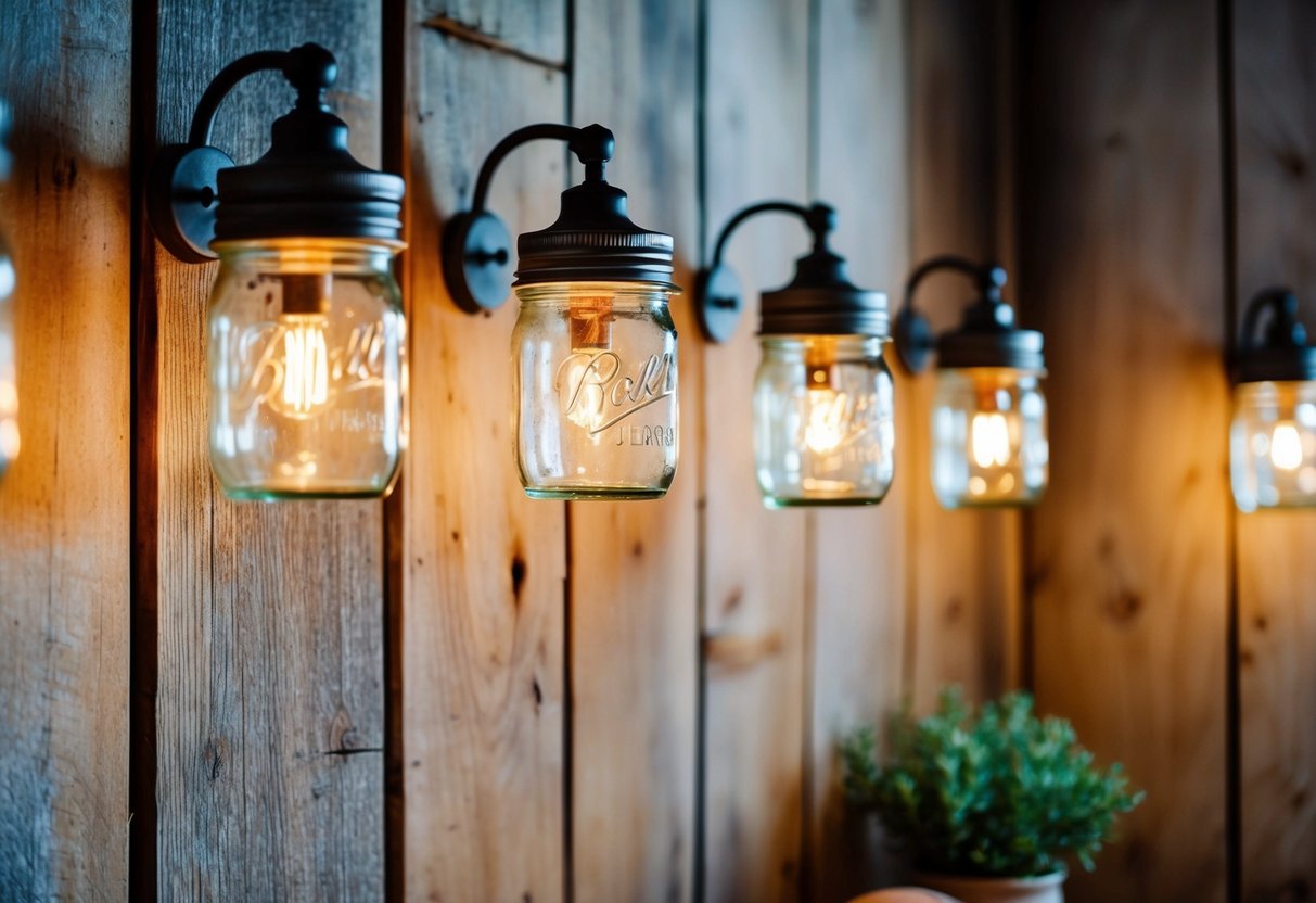 A rustic farmhouse kitchen with mason jar sconce lights hanging on a weathered wooden wall, casting a warm and cozy glow