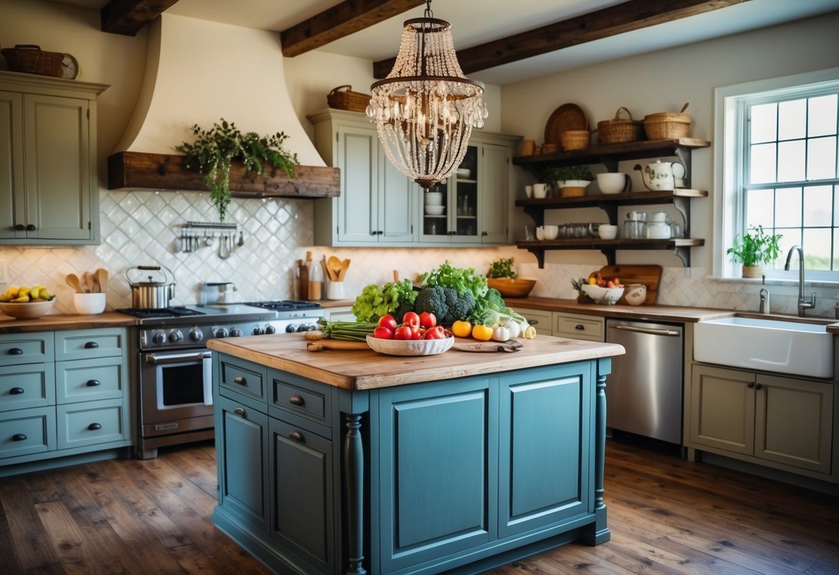 A rustic farmhouse kitchen island adorned with vintage decor and fresh produce