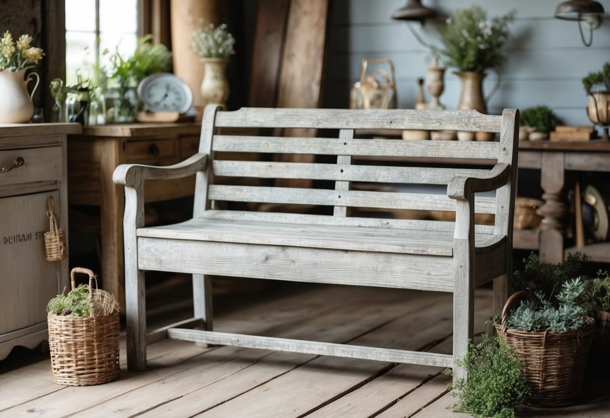 A weathered wooden bench sits in a rustic farmhouse setting, surrounded by vintage decor and natural elements