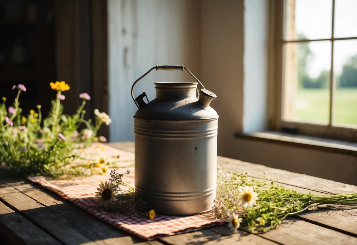 A rustic vintage milk can sits on a wooden farmhouse table, surrounded by wildflowers and a checked tablecloth. Sunlight streams through a nearby window, casting a warm glow on the scene