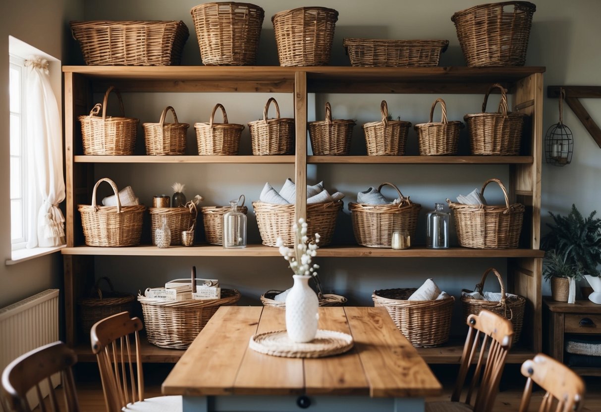 A rustic farmhouse setting with wicker baskets arranged neatly on shelves, filled with decorative items and surrounded by wooden furniture and cozy decor