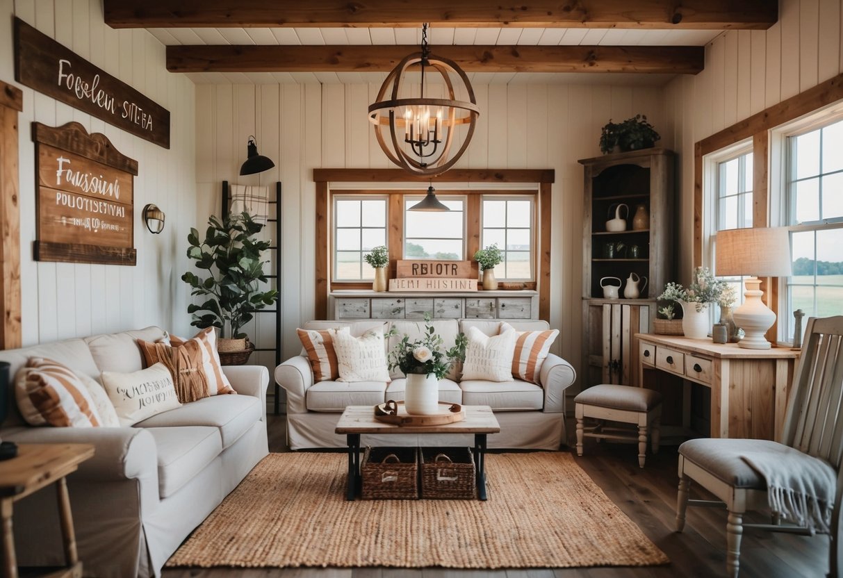 A cozy farmhouse interior with wooden signs, vintage decor, and rustic accents