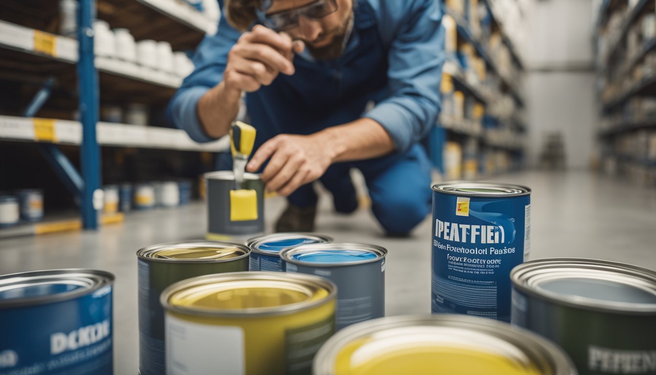 A painter applying water-based floor paint, surrounded by cans of solvent-based and solvent-free paints