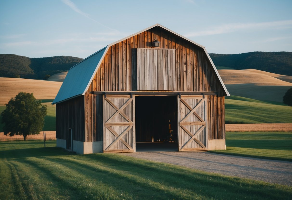 A rustic barn with weathered wood and metal sliding doors set against a backdrop of rolling hills and a clear blue sky