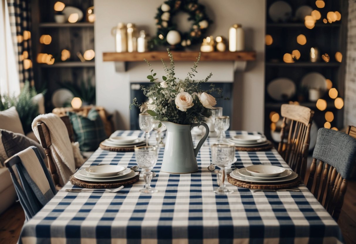 A rustic farmhouse table adorned with checkered tablecloths, surrounded by vintage decor and cozy accents