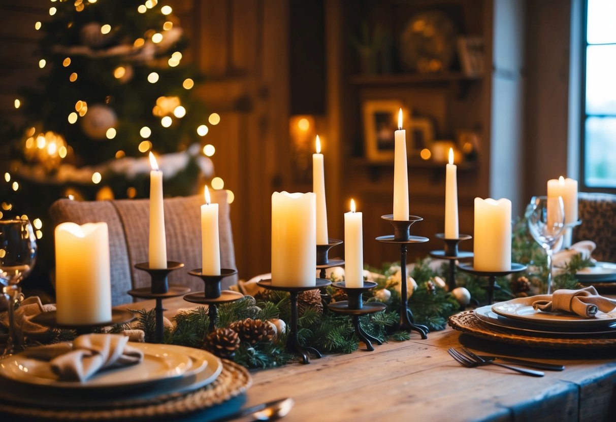 A rustic farmhouse table adorned with wrought iron candleholders, surrounded by cozy decor and warm lighting