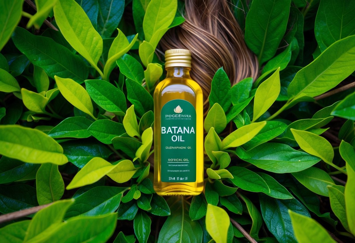 A bottle of batana oil surrounded by vibrant green leaves and a few strands of hair, with a sense of growth and vitality