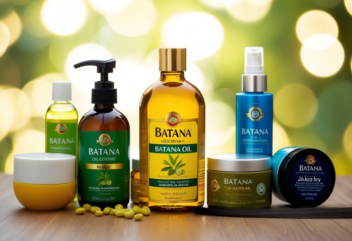 A bottle of batana oil surrounded by various hair care products and a healthy, shiny strand of hair