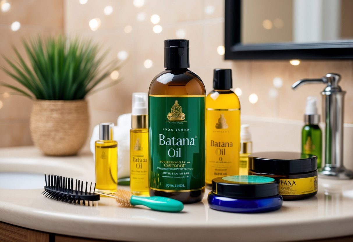 A bottle of batana oil surrounded by various hair care products and tools on a bathroom counter