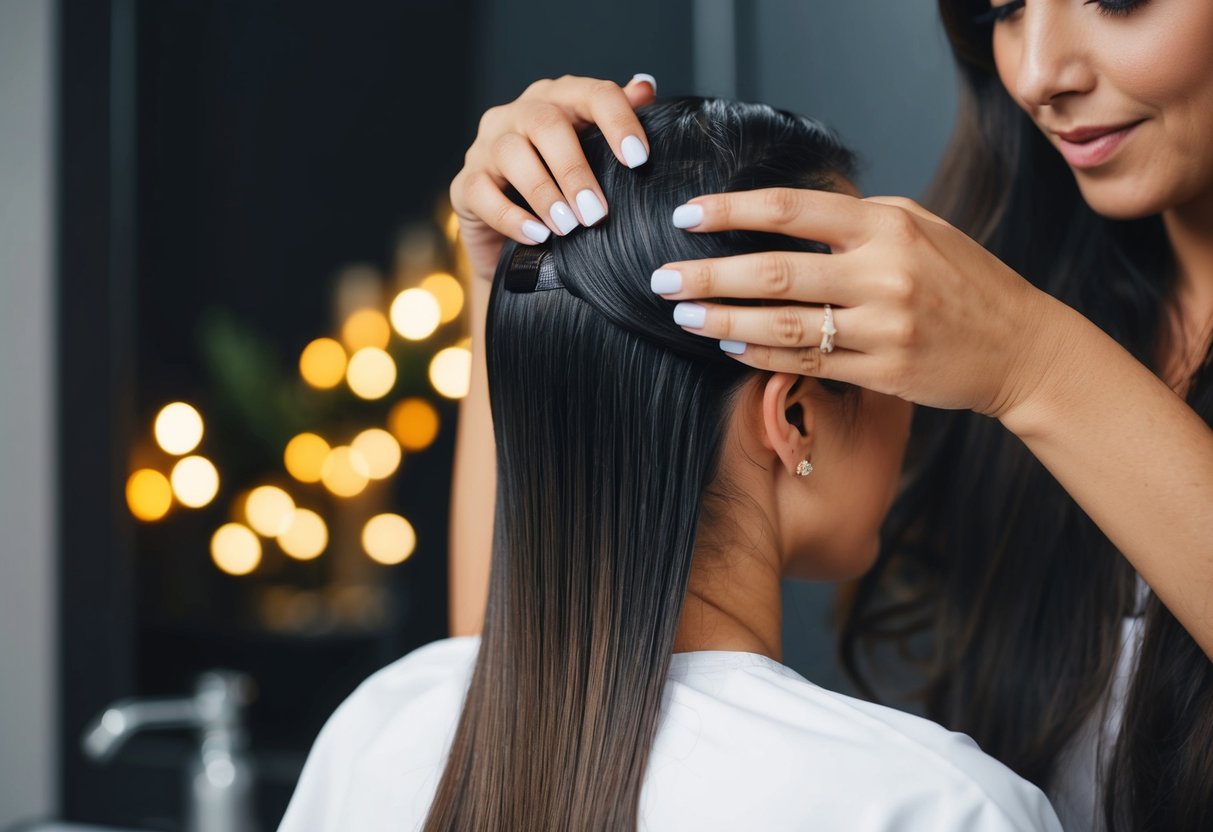 A woman applies batana oil to her hair, massaging it into her scalp and working it through the lengths of her hair