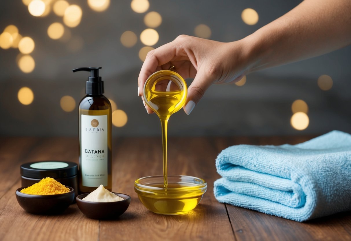 A woman's hand pouring batana oil into a small dish, surrounded by hair care products and a towel on a wooden surface