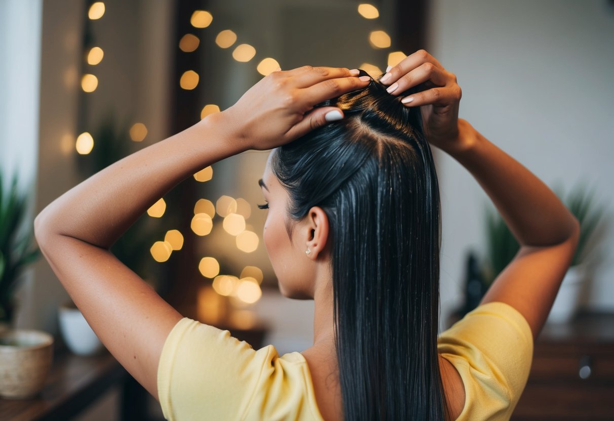 A woman applies batana oil to her hair, massaging it into the scalp and running it through the strands. The room is filled with the scent of the oil as she works it through her hair