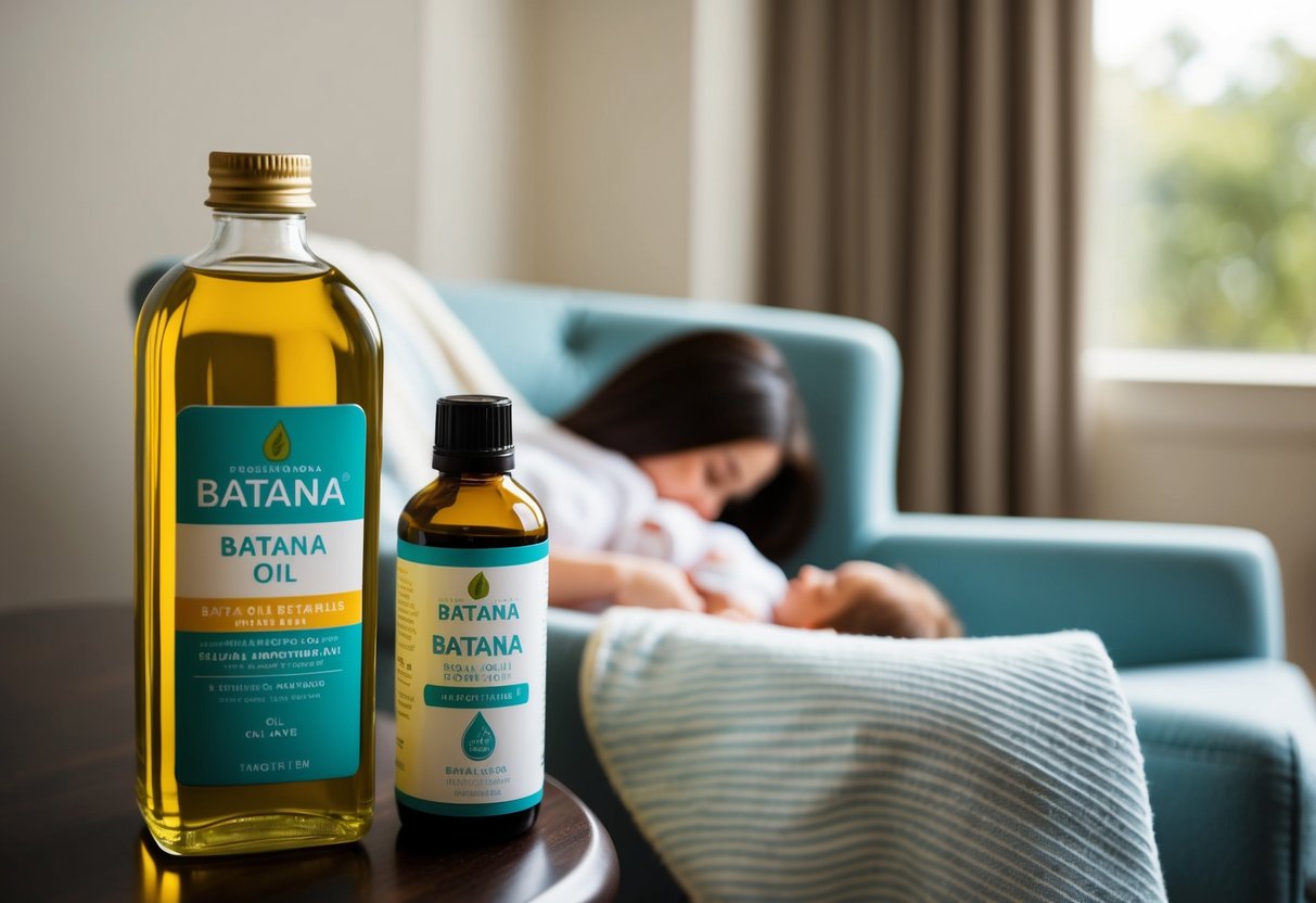 A bottle of Batana oil next to a breastfeeding mother's chair, with a baby blanket draped over the armrest