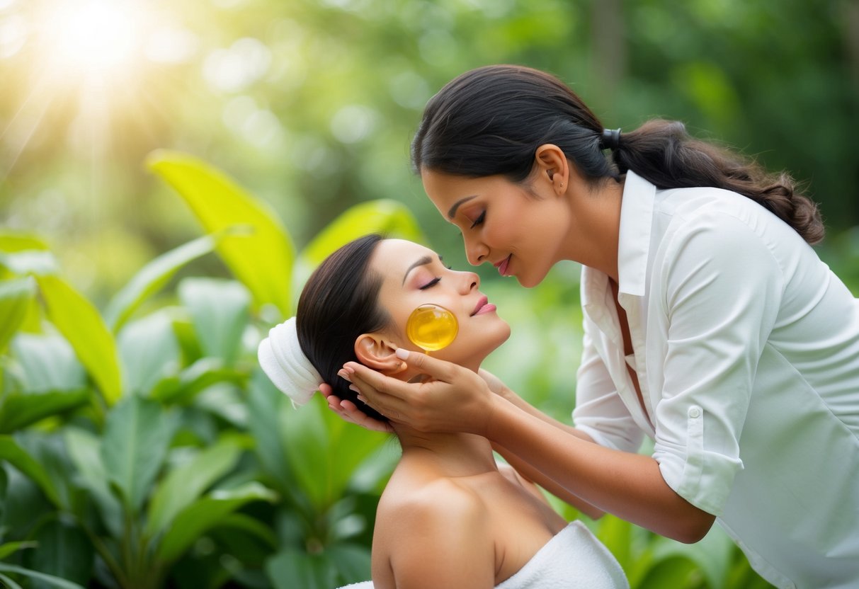 A mother gently massages batana oil onto her skin, surrounded by lush greenery and a peaceful, serene atmosphere