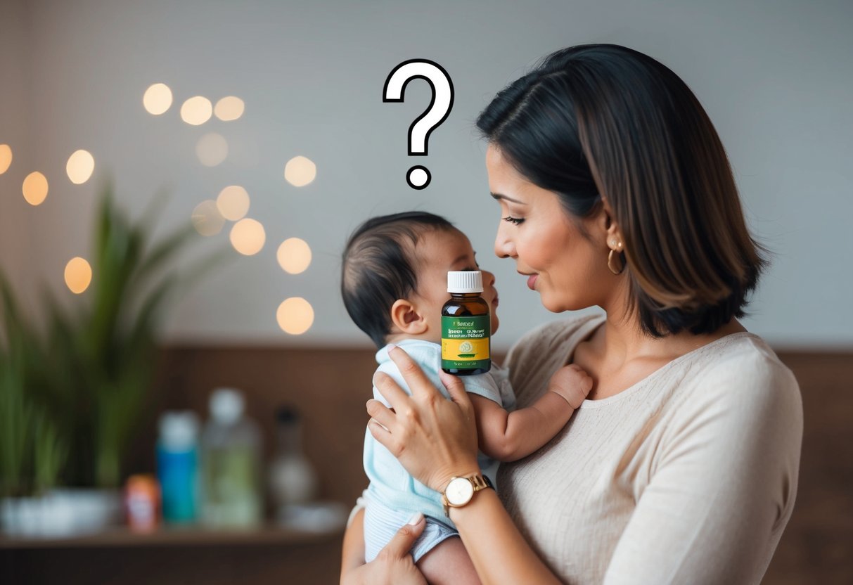 A mother holding a baby while looking at a bottle of batana oil, with a question mark above her head