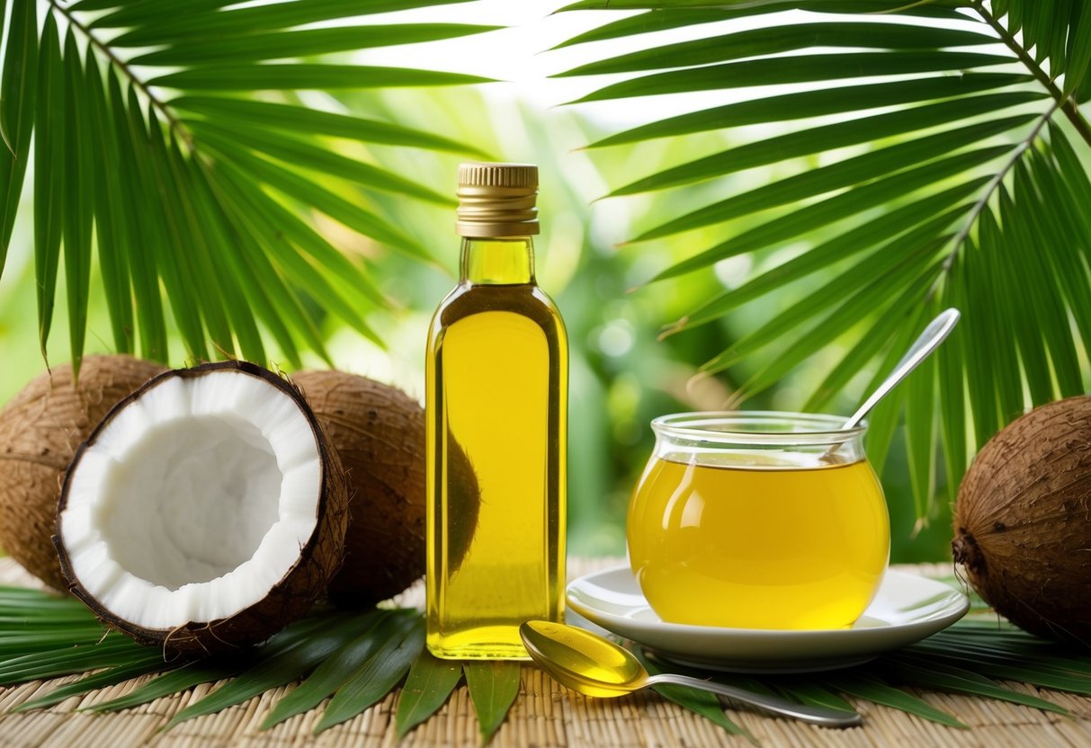 A bottle of batana oil surrounded by palm leaves and coconuts, with a spoonful of the oil next to a plate of food