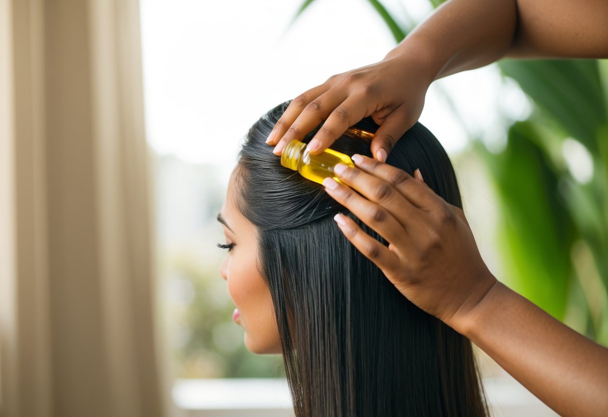 A woman applies batana oil to her hair, the oil glistening in the sunlight as she massages it into her scalp