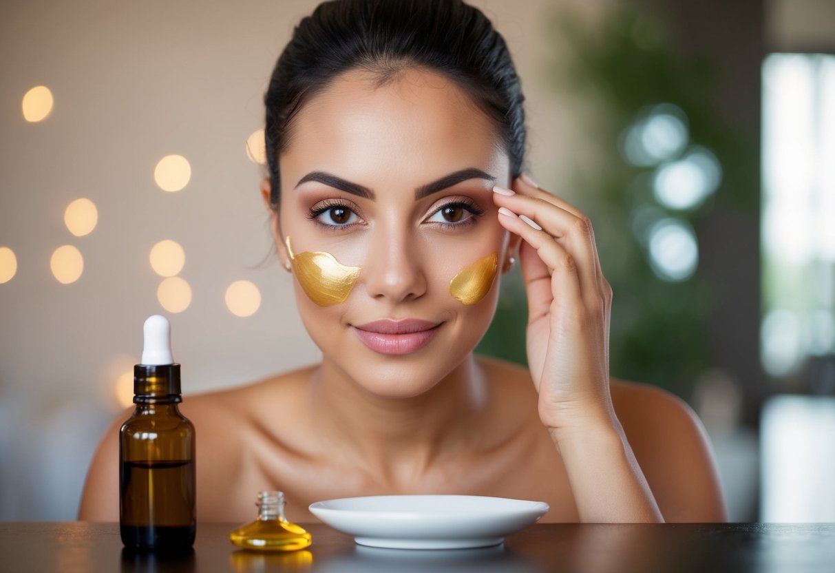 A woman applies batana oil to her face, with a bottle and a few drops of the oil visible on a table