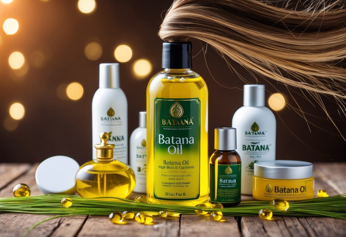 A bottle of batana oil surrounded by various hair care products, with healthy, vibrant hair strands flowing around it