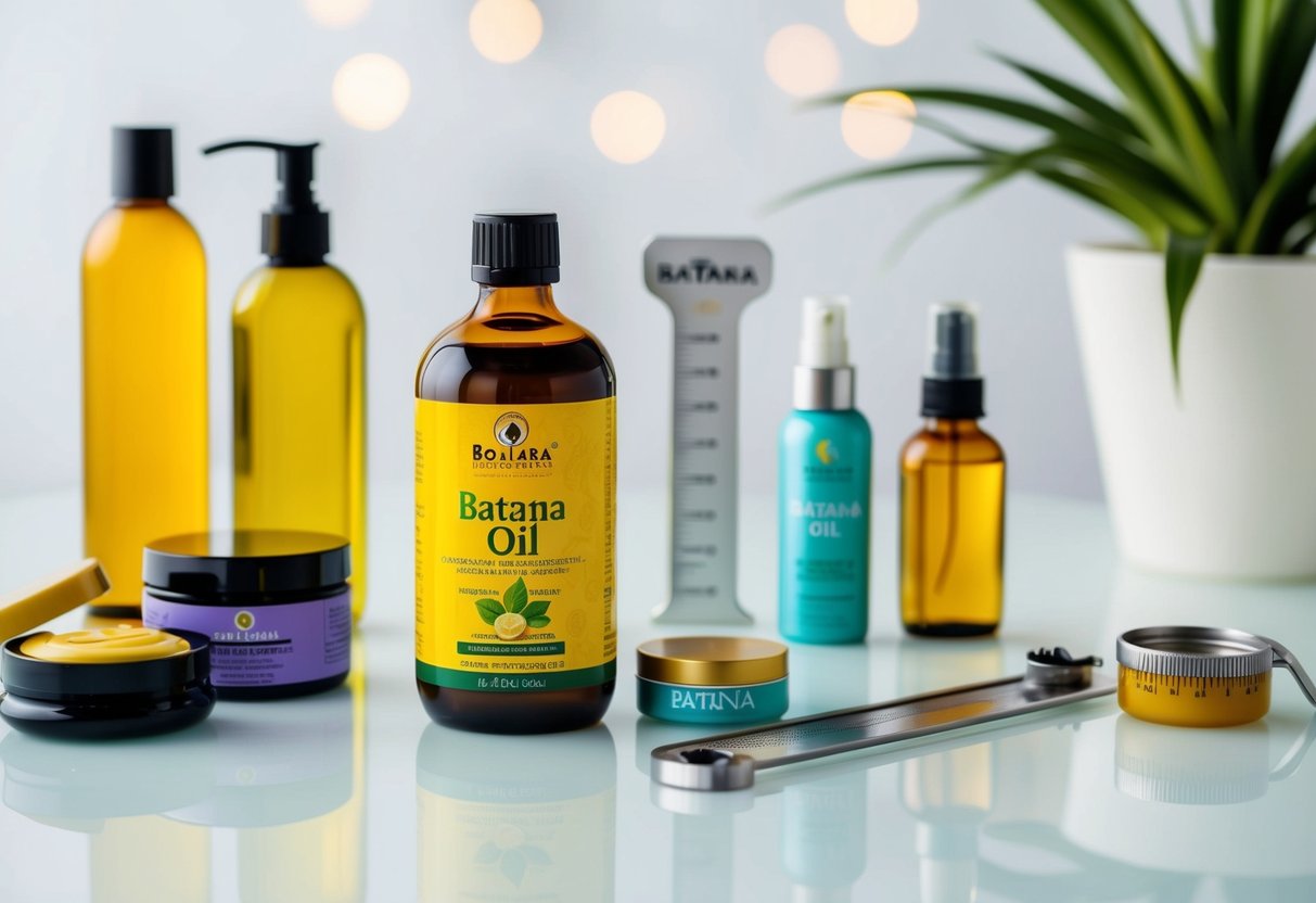 A bottle of batana oil surrounded by various hair care products and a measuring tool on a clean, well-lit surface