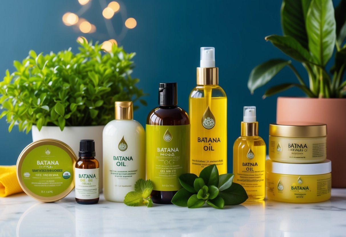 A bottle of batana oil surrounded by various hair care products and a lush, healthy-looking plant