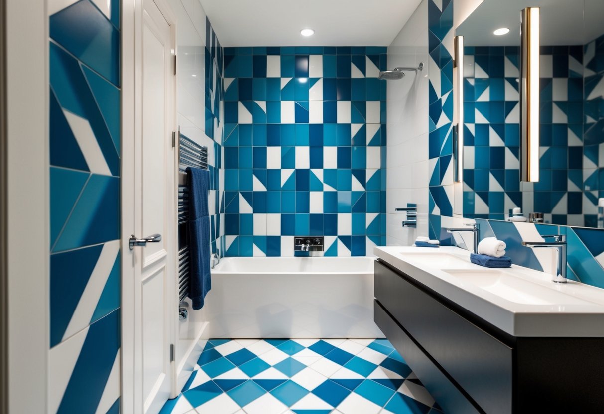 A modern bathroom with geometric patterned tiles in shades of blue and white, creating a sleek and contemporary design