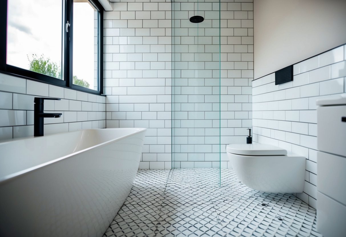 A bathroom with white geometric pattern porcelain tiles covering the floor and walls, creating a modern and sleek aesthetic