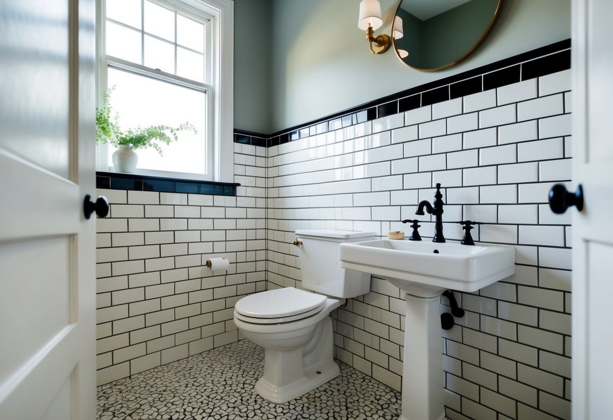 A bathroom with vintage subway tiles in a classic herringbone pattern, accented with black border tiles and a simple white pedestal sink