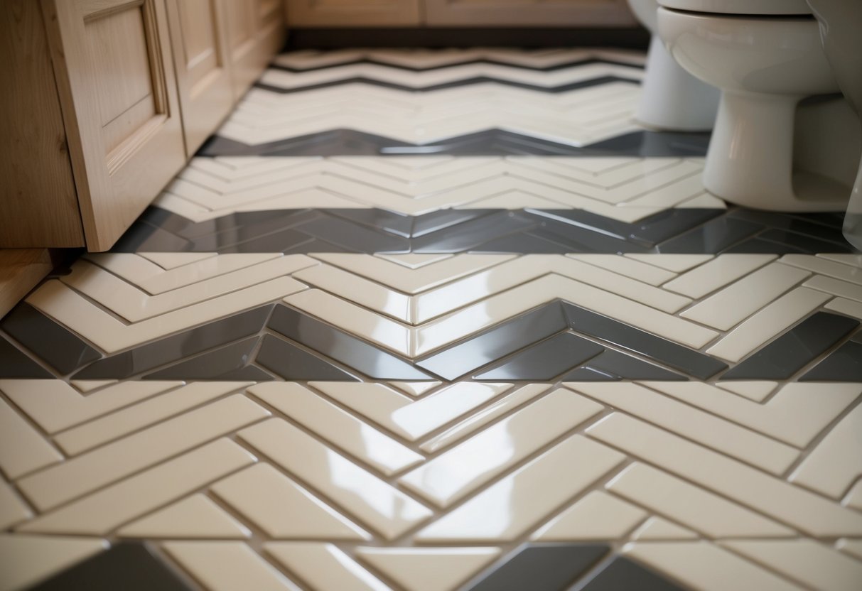 A bathroom floor covered in ceramic tiles arranged in a chevron pattern, with alternating rows of light and dark shades