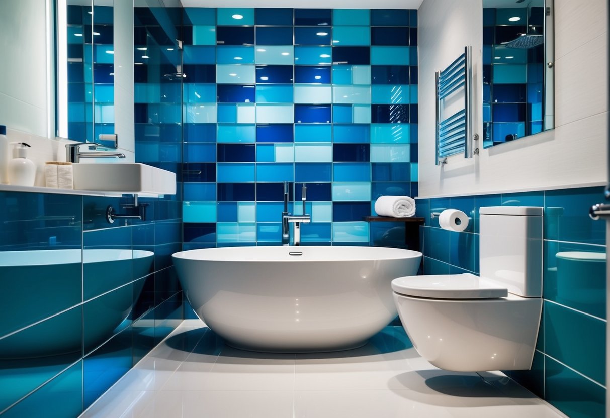 A modern bathroom with glossy glass tiles in various shades of blue, creating a sleek and luxurious atmosphere