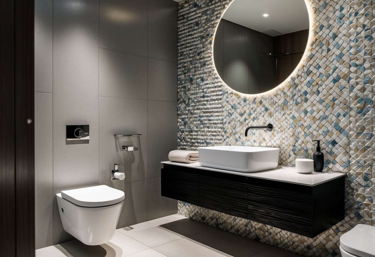 A modern bathroom with 3D textured surface tiles in various patterns and colors, creating a sleek and stylish atmosphere