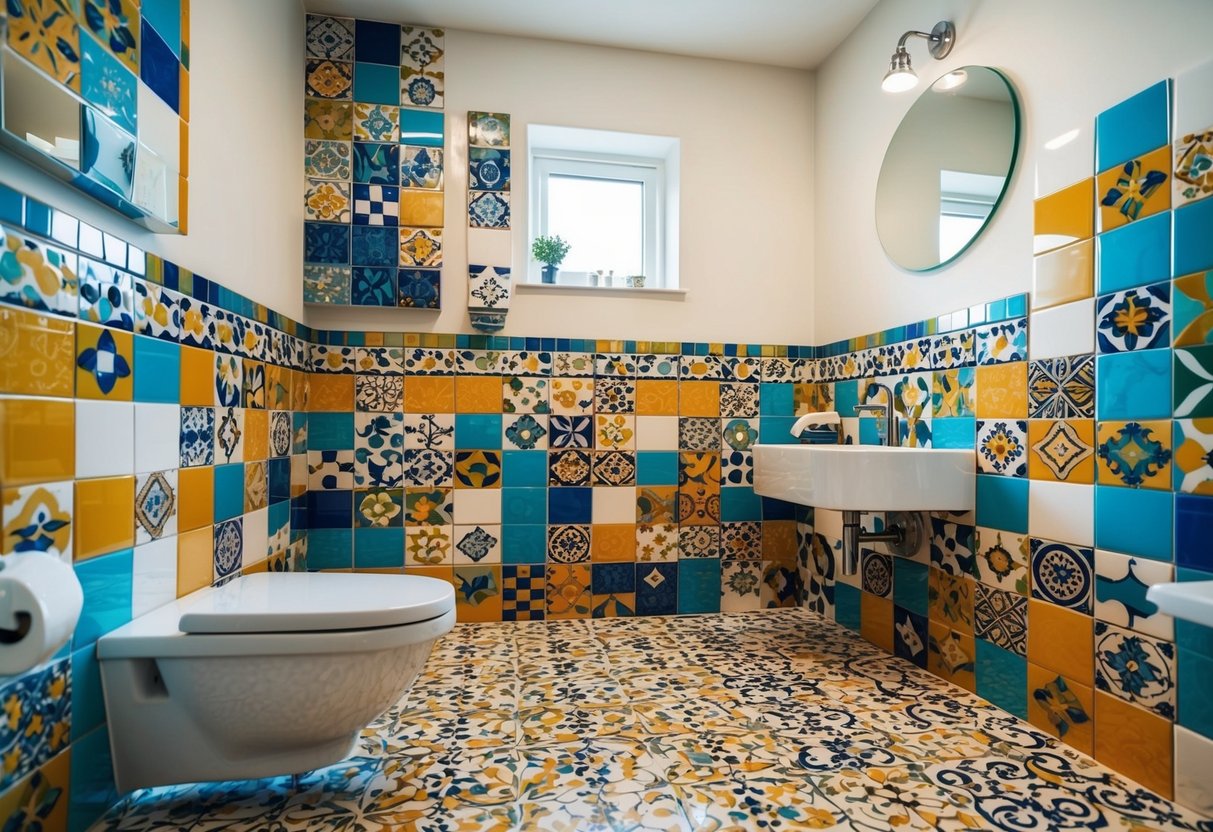 Colorful ceramic tiles arranged in various patterns and designs, adorning the walls and floors of a modern bathroom