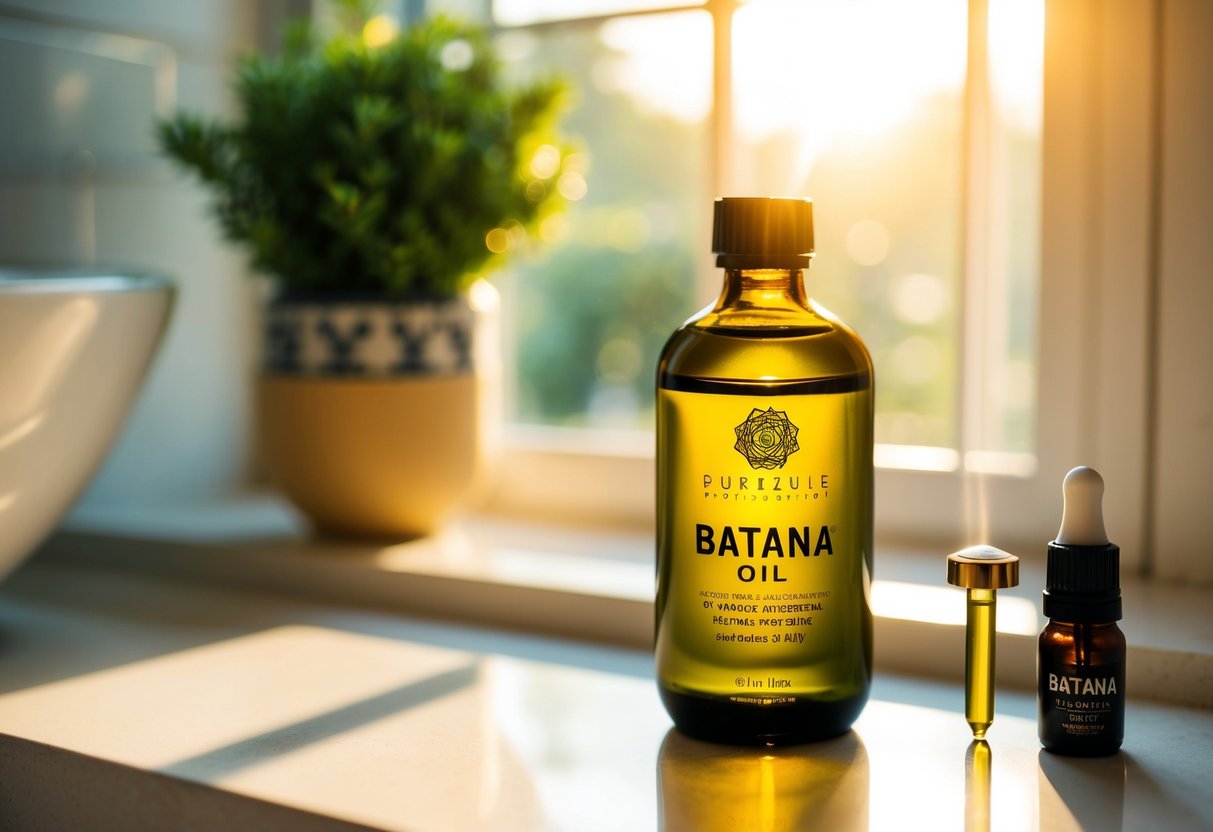 A bottle of batana oil sits on a bathroom counter, with a dropper next to it. The sunlight streams through the window, casting a warm glow on the bottle