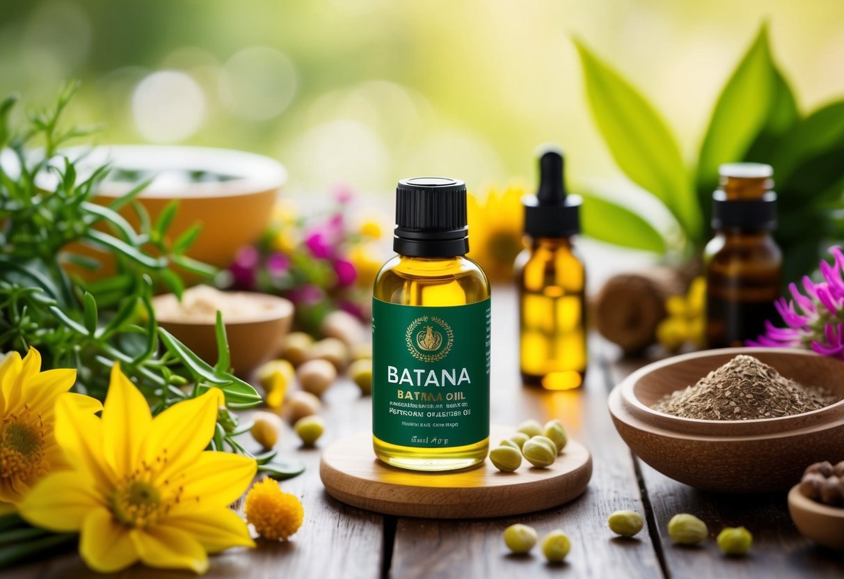 A small bottle of batana oil sits on a wooden table surrounded by colorful botanicals and natural skincare ingredients. The oil glistens in the soft sunlight, highlighting its nourishing properties for the skin