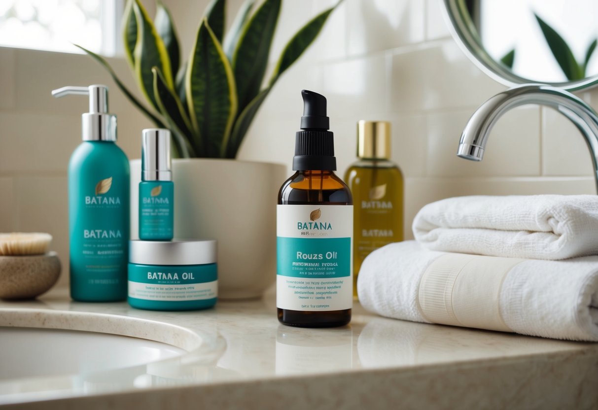 A serene bathroom countertop with a bottle of Batana oil among various skincare products, a soft towel, and a potted plant in the background