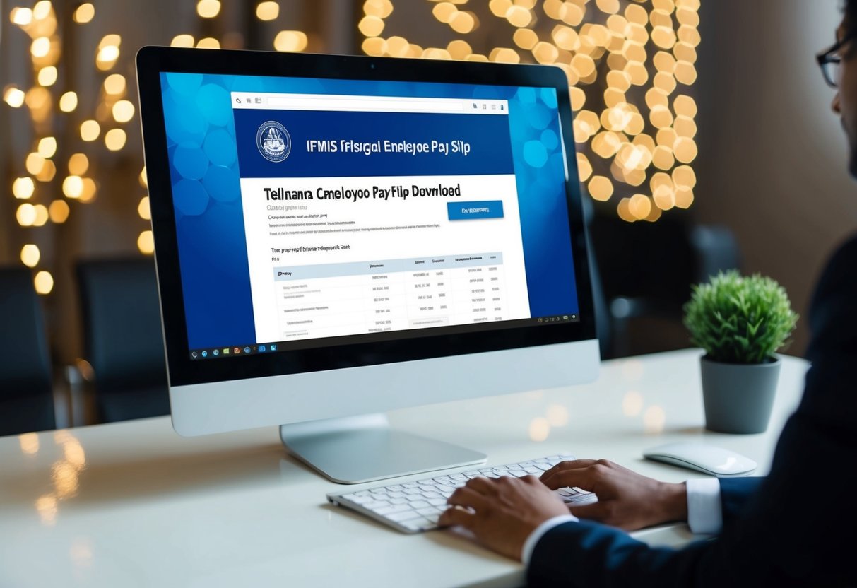 A computer screen displaying the IFMIS web portal with the Telangana Employee Pay Slip Download page open, with a cursor clicking on the download button