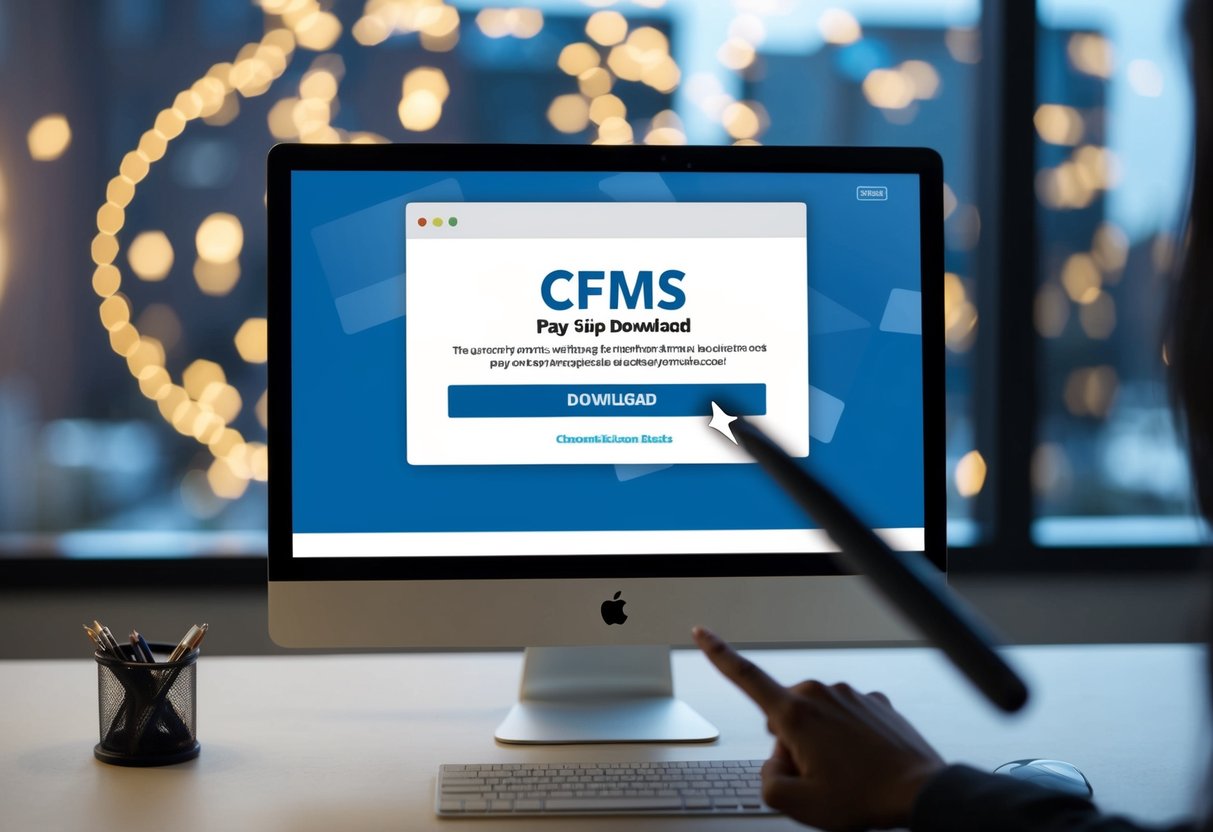 A computer screen displaying the CFMS website with the Pay Slip download page open, a cursor hovering over the download button