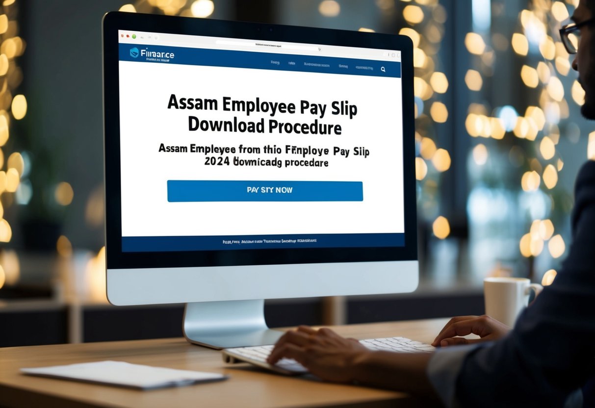 A computer screen displaying the Finance Pay Slip website with the Assam Employee Pay Slip 2024 download procedure