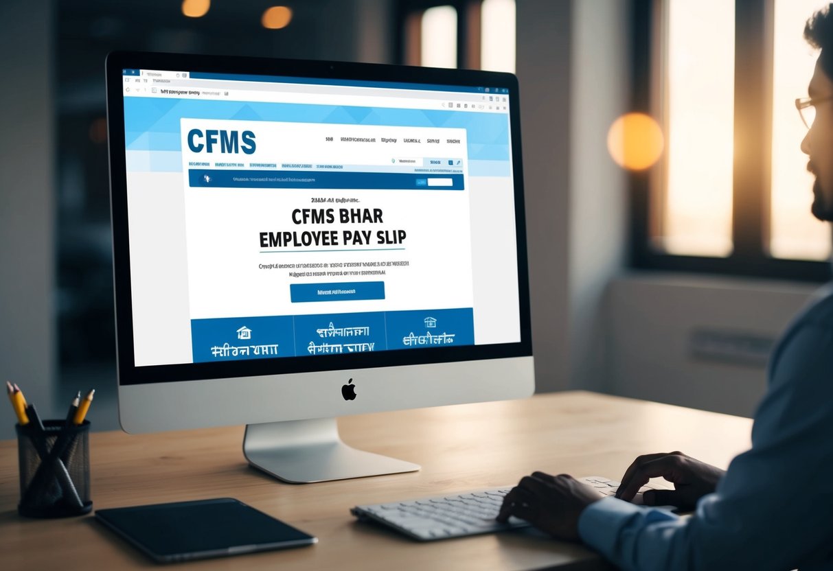 A computer screen displaying the CFMS Bihar website with the 2024 employee pay slip essentials for download