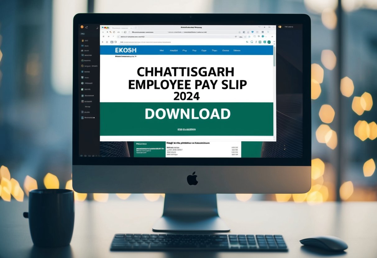 A computer screen displaying the EKosh website with the Chhattisgarh Employee Pay Slip 2024 download page open